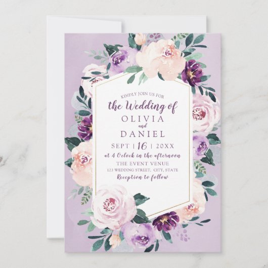 Blühende botanische lila, blumengeometrische Hochz Einladung (Vorderseite)
