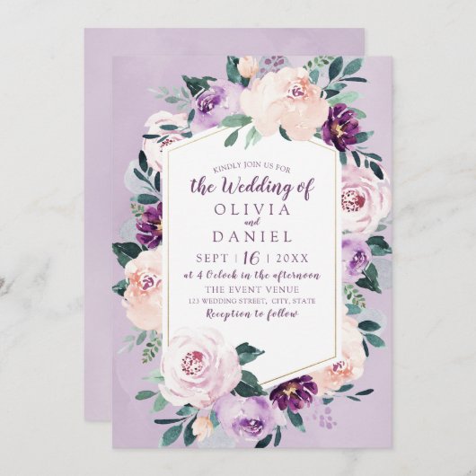 Blühende botanische lila, blumengeometrische Hochz Einladung (Vorne/Hinten)