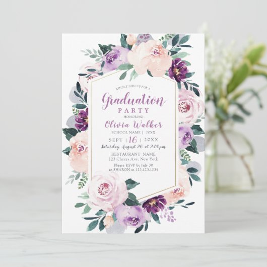 Blühende botanische lila Blumenstuhlparty Einladung (Stehend Vorderseite)