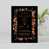 Blühende botanische Rose Gold und Schwarzes Brautp Folieneinladung (Stehend vorne)