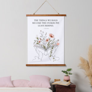 Blühende Buch Botanische Linienkunst Wandteppich Mit Holzrahmen