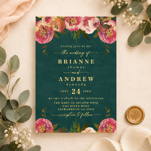 Blühende Chic Deep Teal Grün Foto Hochzeit Gold Folieneinladung