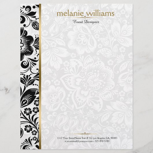 Blühende DamaskenSchwarzweiß mit goldenen Akzenten Briefbogen (Vorderseite)