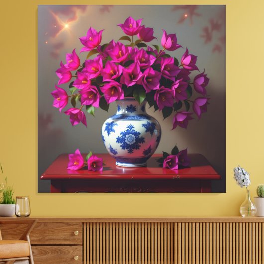 Blühende Eleganz – Bougainvillea in Porzellanvase Leinwanddruck (Insitu (Wohnzimmer))