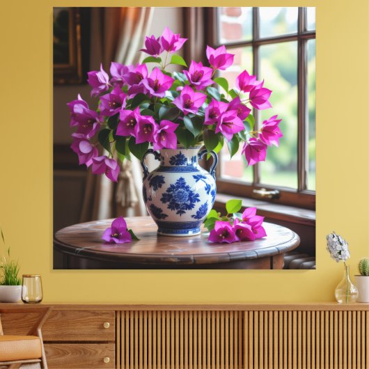 Blühende Eleganz – Bougainvillea in Porzellanvase Leinwanddruck (Insitu (Wohnzimmer))