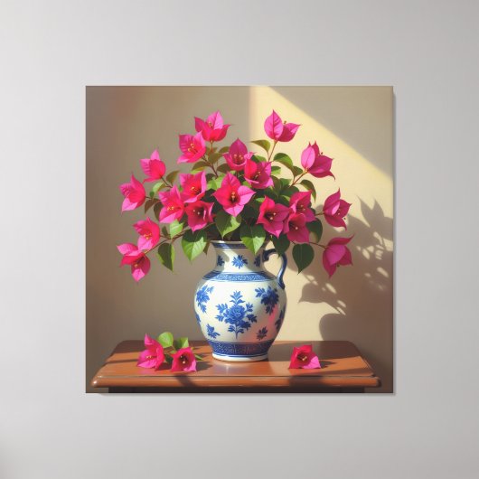 Blühende Eleganz – Bougainvillea in Porzellanvase Leinwanddruck (Vorderseite)
