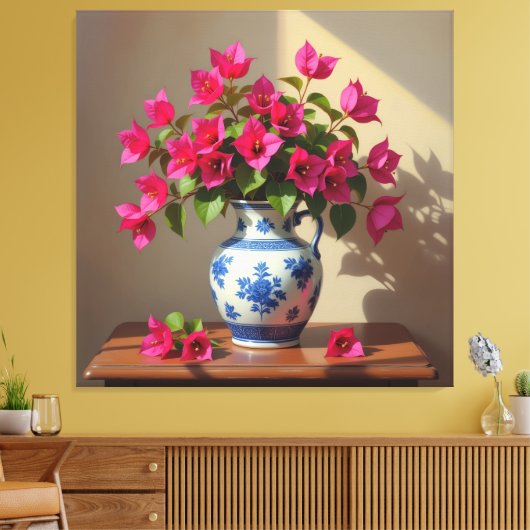 Blühende Eleganz – Bougainvillea in Porzellanvase Leinwanddruck (Insitu (Wohnzimmer))