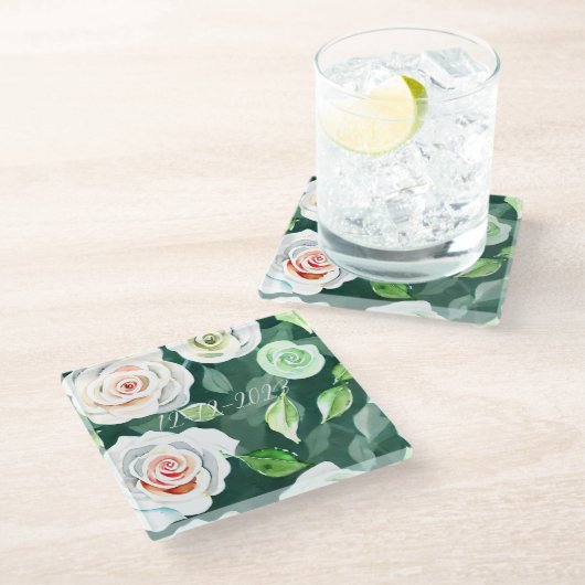 Blühende Eleganz: Save the Date Untersetzer (Schrägansicht)