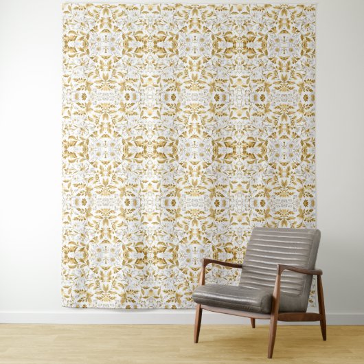 Blühende Goldblumenzweig auf weißem Hintergrund Wandteppich (Beispiel)