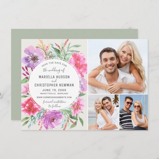 Blühende, helle Gartenwasserfarbe Save the Date (Vorne/Hinten)