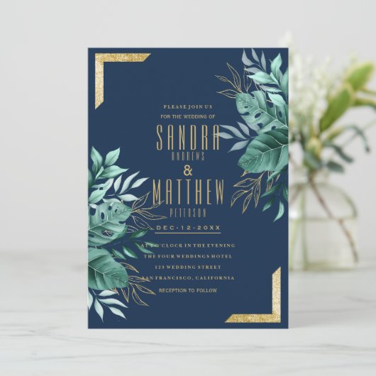 Blühende Hochzeit des tropischen Glitzer Einladung (Stehend Vorderseite)