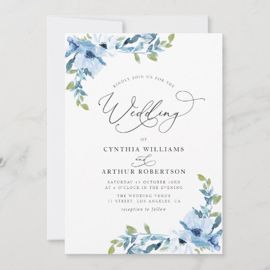 Blühende Hochzeit mit botanischem Hellblau Einladung (Vorderseite)