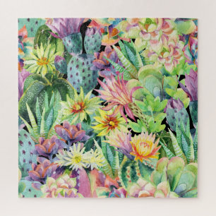 Blühende Kakteen, Aquarellfarben nahtloses Muster. Puzzle