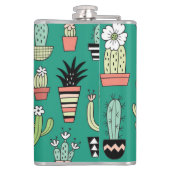 Blühende Kakteen Vintager grüner Hintergrund Flachmann (Rückseite)