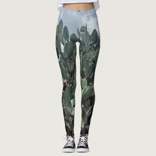 Blühende Kaktus Mode Leggings Grün Blau (Vorderseite)