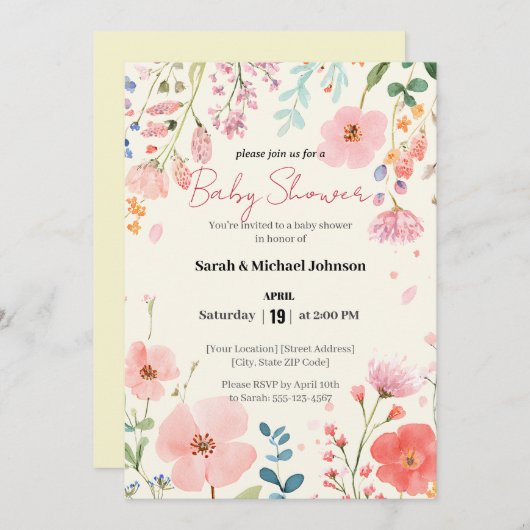 Blühende Kinderdusche Einladung (Vorne/Hinten)