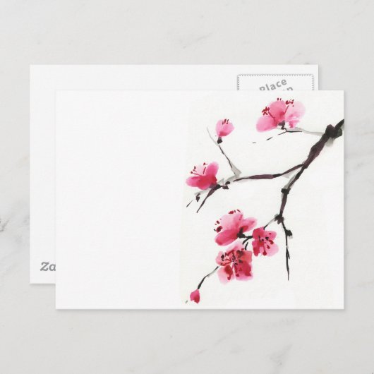 Blühende Kirsche. Frühling. Tinte und Bürste. Postkarte (Vorne/Hinten)