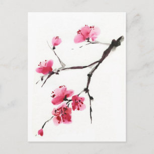 Blühende Kirsche. Frühlingsblüte. Tuschmalerei Postkarte