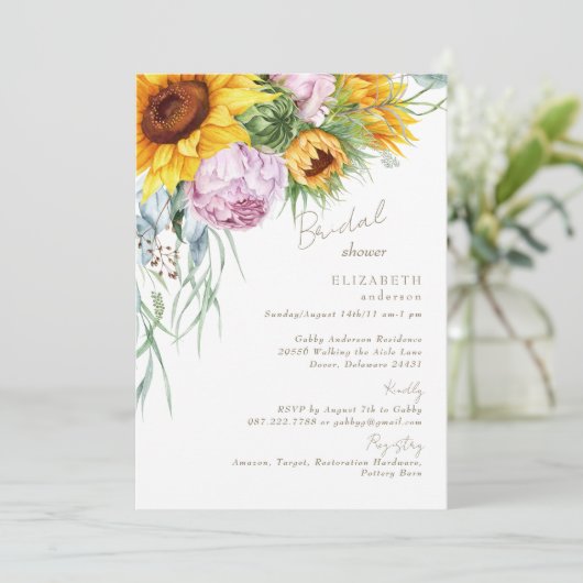 Blühende Liebe Sonnenblumen Peonies Brautparty Einladung (Stehend Vorderseite)