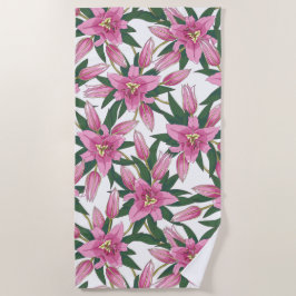 Blühende Lilien in Pastellrosa auf Weiß Strandtuch