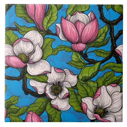 Blühende Magnolie auf blau Fliese (Vorderseite)