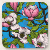 Blühende Magnolie auf blau Getränkeuntersetzer (Vorderseite)