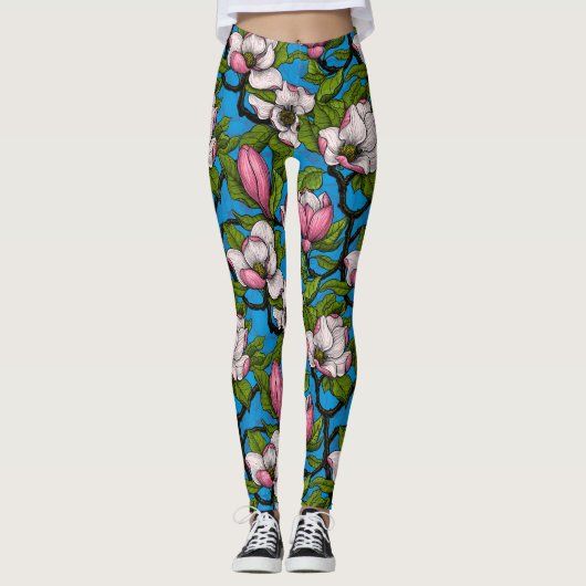 Blühende Magnolie auf blau Leggings (Vorderseite)