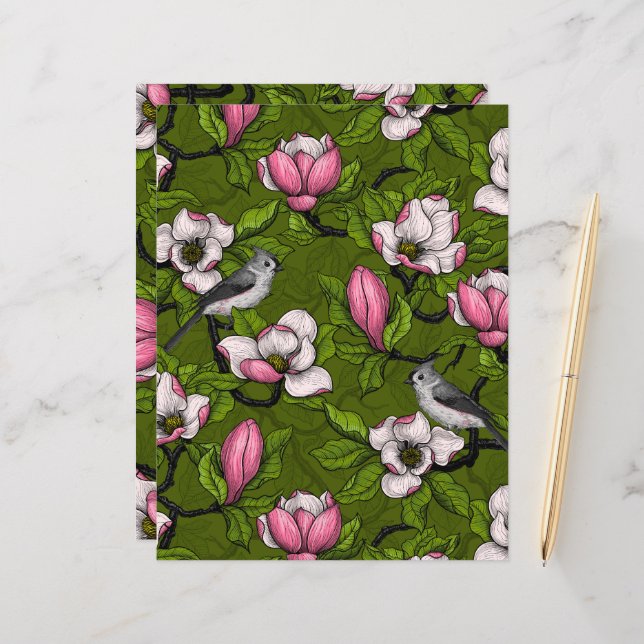Blühende Magnolie und Titmausvogel 2 (Vorderseite/Rückseite Beispiel)