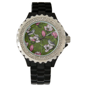 Blühende Magnolie und Titmausvogel 2 Armbanduhr