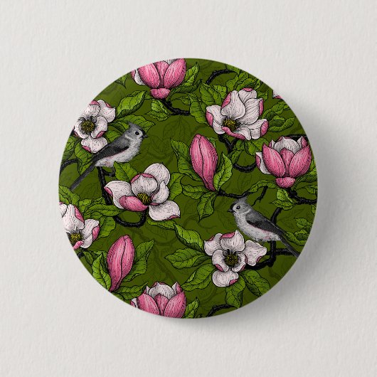 Blühende Magnolie und Titmausvogel 2 Button (Vorderseite)