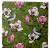 Blühende Magnolie und Titmausvogel 2 Fliese (Vorderseite)