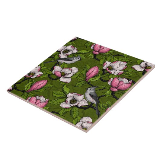 Blühende Magnolie und Titmausvogel 2 Fliese (Seite)