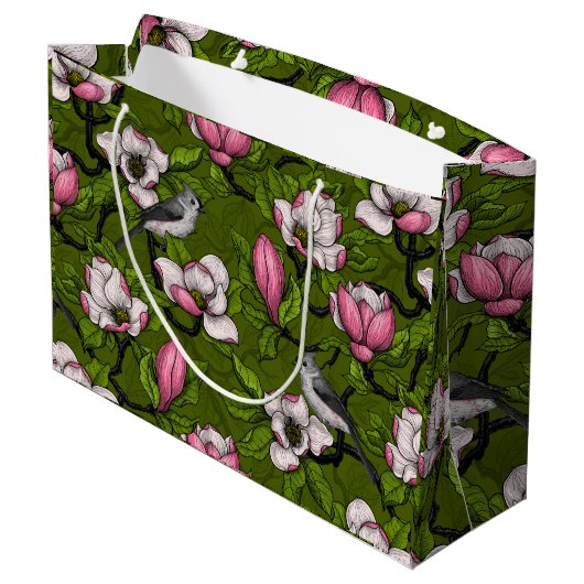 Blühende Magnolie und Titmausvogel 2 Große Geschenktüte (Rückseite Schrägansicht)