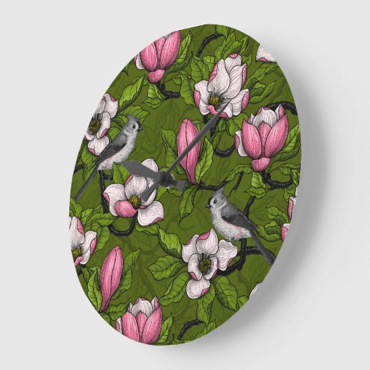 Blühende Magnolie und Titmausvogel 2 Große Wanduhr (Winkel)