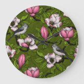 Blühende Magnolie und Titmausvogel 2 Große Wanduhr (Vorderseite)