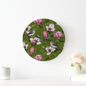 Blühende Magnolie und Titmausvogel 2 Große Wanduhr (Zuhause)