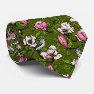 Blühende Magnolie und Titmausvogel 2 Krawatte