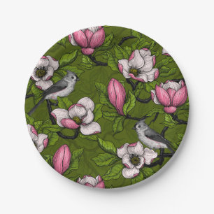 Blühende Magnolie und Titmausvogel 2 Pappteller