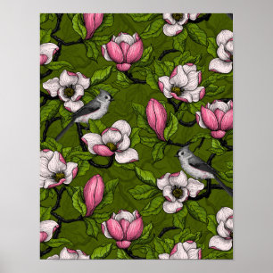 Blühende Magnolie und Titmausvogel 2 Poster