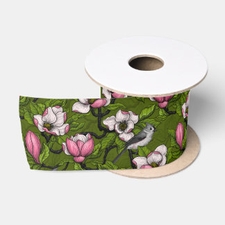 Blühende Magnolie und Titmausvogel 2 Satinband