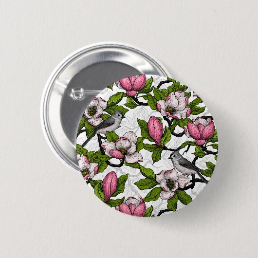 Blühende Magnolie und Titmausvogel Button (Vorne & Hinten)