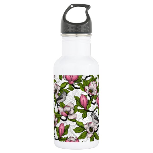 Blühende Magnolie und Titmausvogel Edelstahlflasche (Vorderseite)
