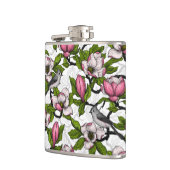 Blühende Magnolie und Titmausvogel Flachmann (Links)