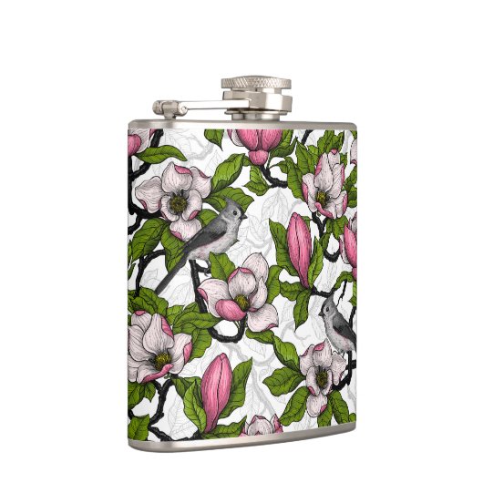 Blühende Magnolie und Titmausvogel Flachmann (Rechts)