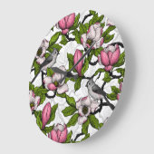 Blühende Magnolie und Titmausvogel Große Wanduhr (Winkel)