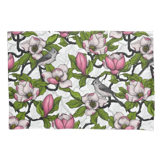 Blühende Magnolie und Titmausvogel Kissenbezug (Vorderseite-Links)