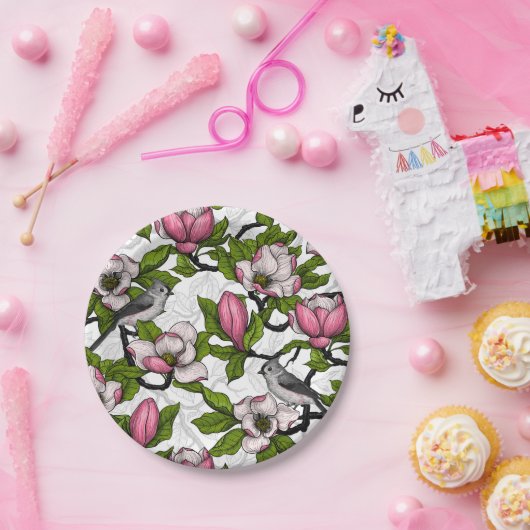 Blühende Magnolie und Titmausvogel Pappteller (Party)