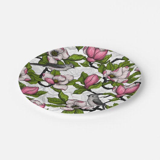 Blühende Magnolie und Titmausvogel Pappteller (Schrägansicht)