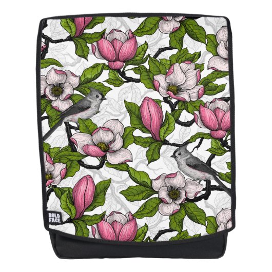 Blühende Magnolie und Titmausvogel Rucksack (Vorderseite)