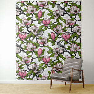 Blühende Magnolie und Titmausvogel Wandteppich